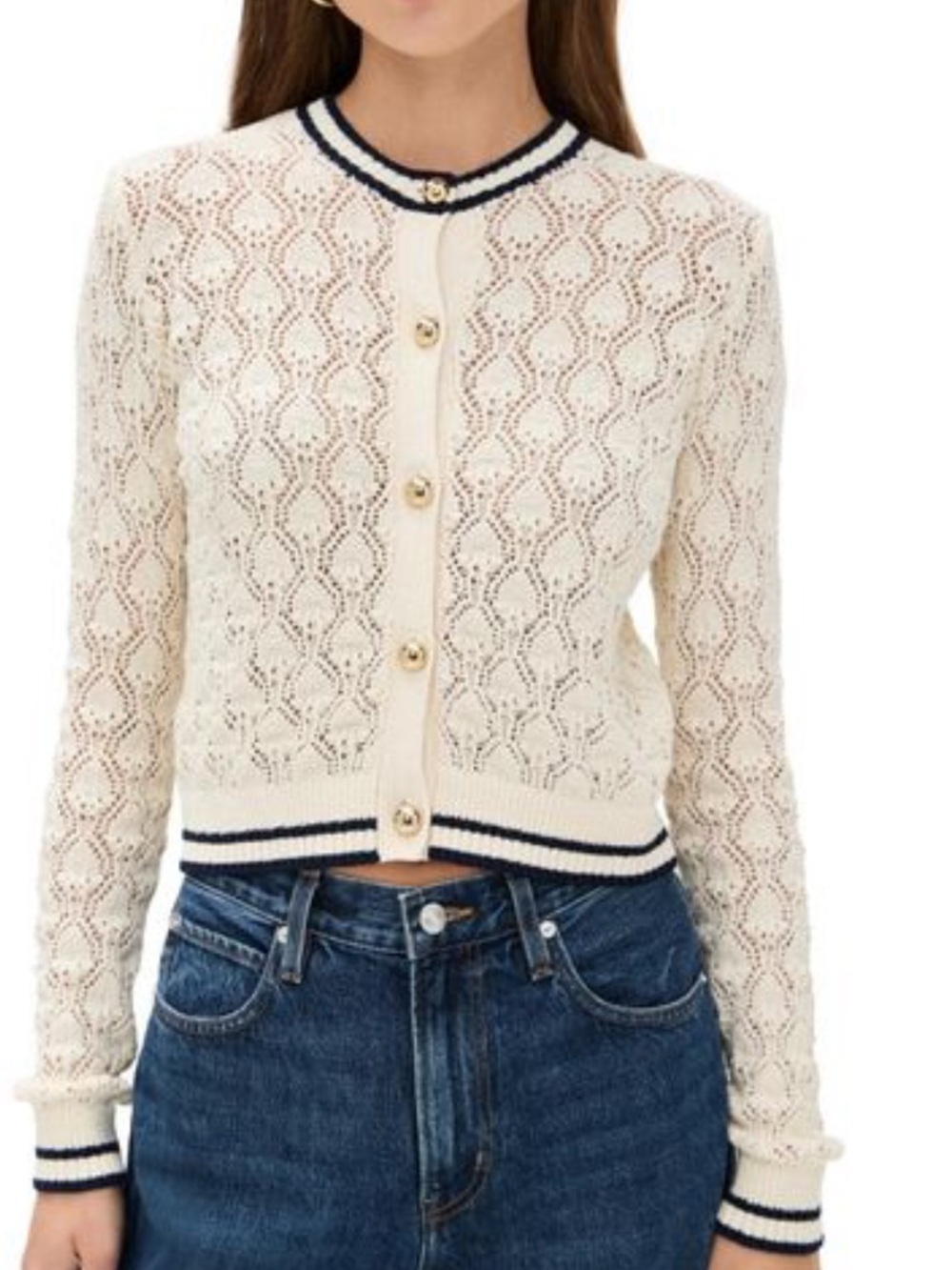Frame Ivory The Rookie Knit Navy Blue Trim Cardigan NWT